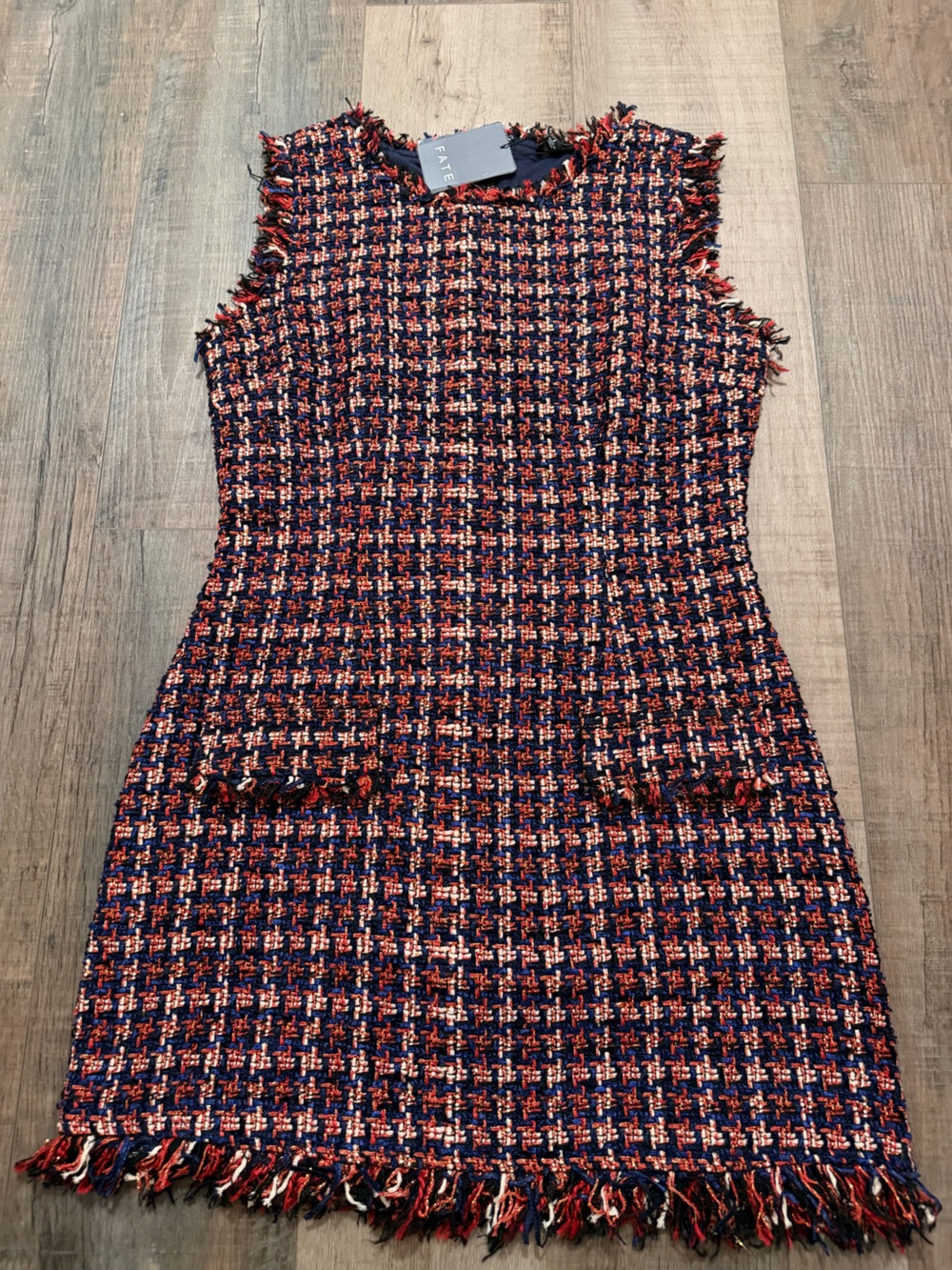 Fate Navy, Red and Cream Tweed Fringe Shift Mini Dress